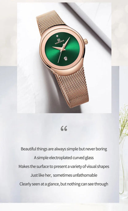 NAVIFORCE Luxury Green Analog Date Quartz Fashion Ladies Watches Mesh Steel Strap Waterproof Business Women Wristwatch Clocks