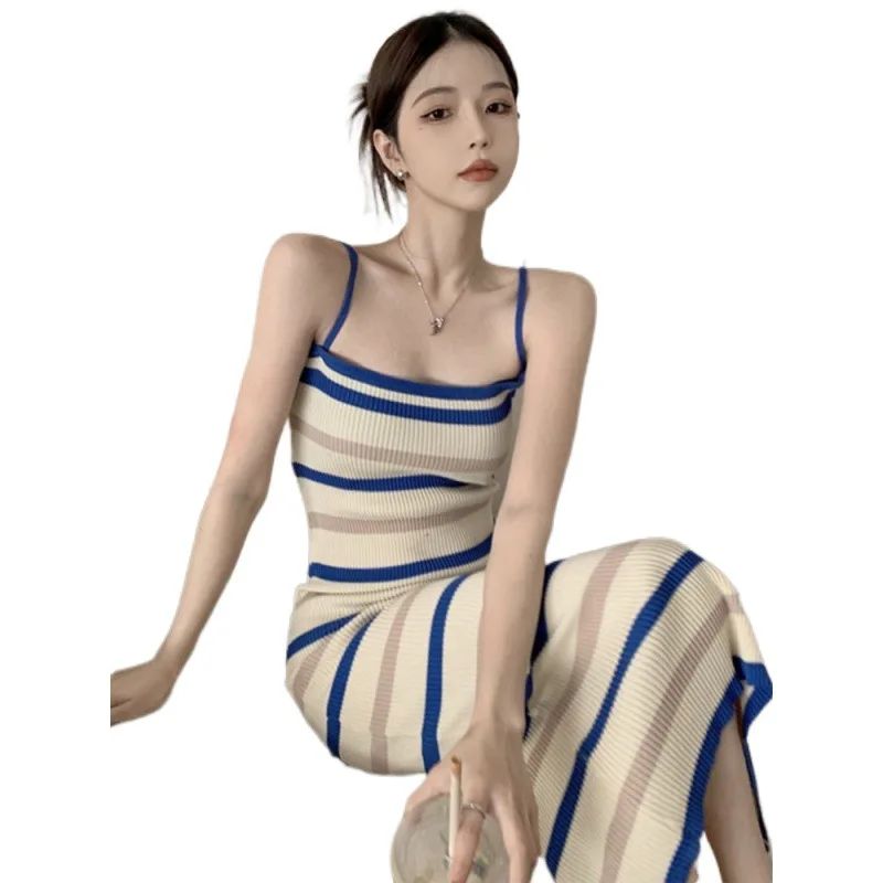 Elegant Camisole Dress Women's Summer New Sleeveless Slim Knitted Striped Midi D