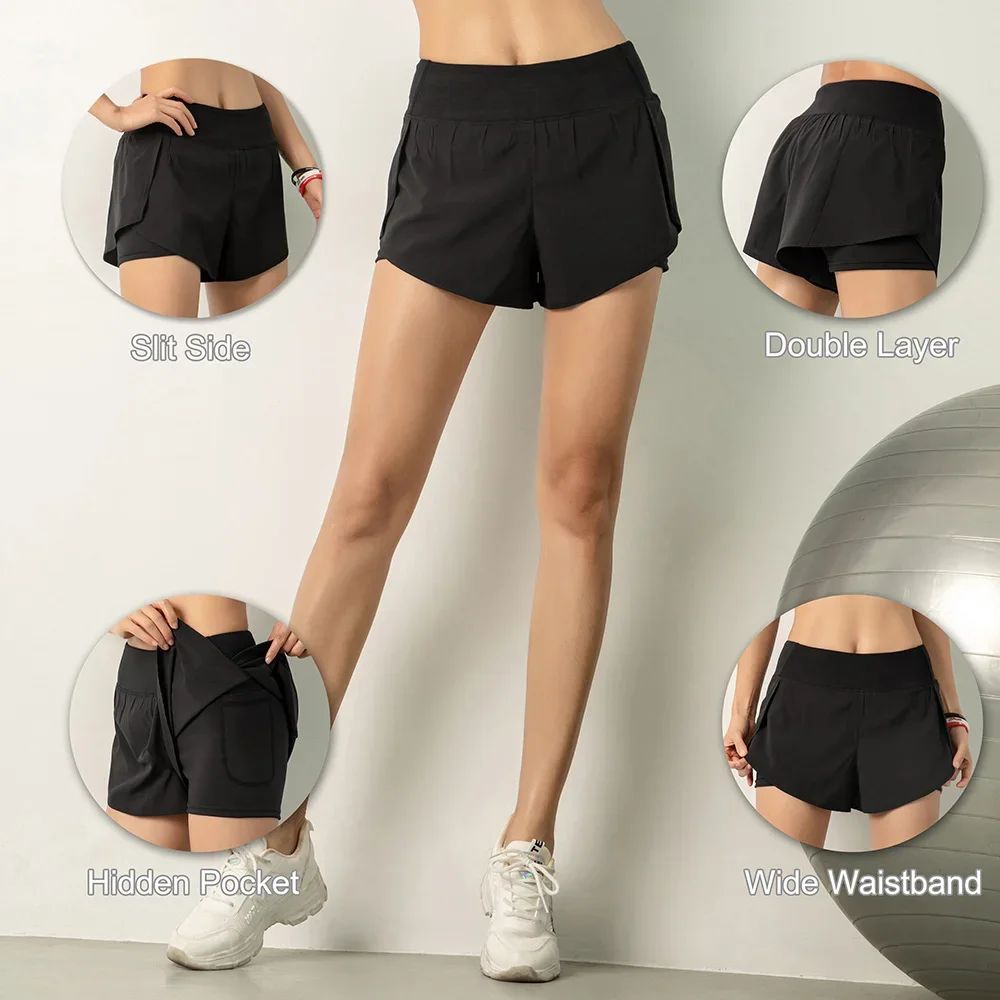 Women Running Shorts 2-in-1 with Pocket Wide Waistband Coverage Layer Liner Lounging Sports Yoga Leggings Gym Fitness Shorts