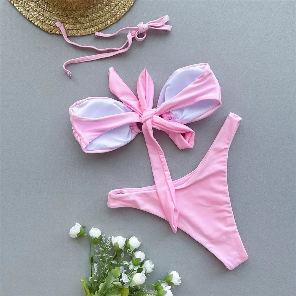 Solid Pink Bandeau Micro Bikini Thong Metal Ring Sexy Swimsuit Women Holiday Ladies Swimwear High Cut Bathing Suit Bikinis Sets