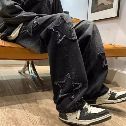 2025 Novas Estrelas da Moda Toalha Bordada Calças Jeans Marrons Masculinas Roupa Y2K Calças Retas Hip Hop de Algodão Pantalon Homme