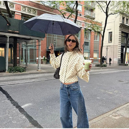 Polka Dot Stand Neck Short Jackets Women Fashion Long Sleeve Patchwork Contrast Slim Coats Casual Lady Street Commute Outerwear