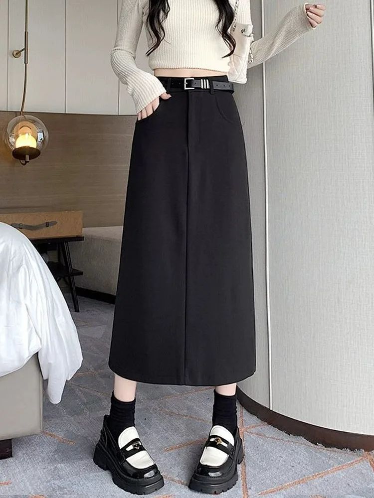 Grey High-waisted A- line Skirt Half Dress Petite Long Dress Autumn/winter For Women Side Slit Workwear