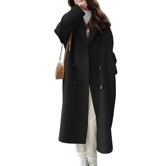 Women Coat Double-Breasted Mid-length Outerwear Lapel Stylish Warm Mid-Length Double Pockets Winter Coat Lady Accessories