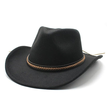 Winter Roll Up Brim Western Cowboy Hat With Leather Retro Gentleman Lady Jazz Cowgirl Cap Church Sombrero Caps