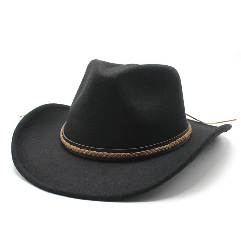 Winter Roll Up Brim Western Cowboy Hat With Leather Retro Gentleman Lady Jazz Cowgirl Cap Church Sombrero Caps