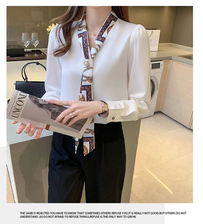 FANAN Elegant Fashion Office Lady Bow Solid Chiffon Shirts Women Clothing New Long Sleeve V-Neck Pullover Top Blouses Female2025