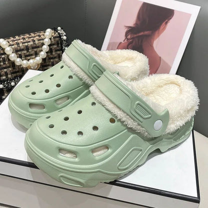 Plush slippers 2025 new winter men's and women's thick high heels soft-soled beach garden shoes home plush ripped slippers