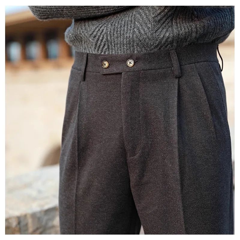 Men's Neapolitan High Waist Autumn Winter Woolen Trousers Straight Leg Drapey No Iron Business Pants Casual Scene