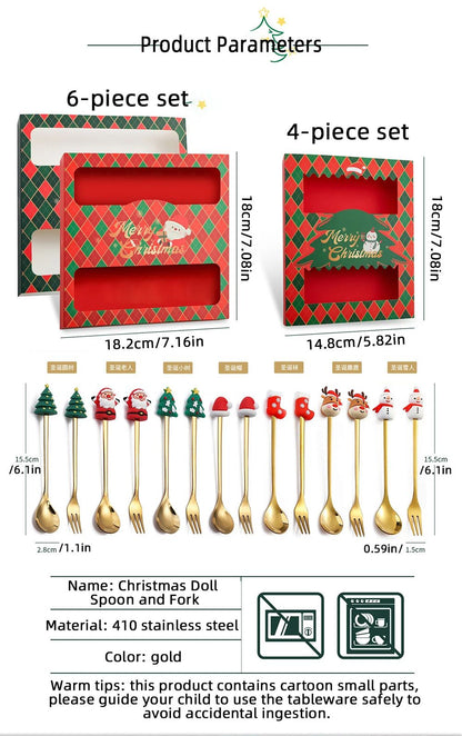 Christmas Themed Cutlery Gift Set 2/4/6pcs Stainless Steel Forks Spoons for Dessert, Creative Holiday Tableware Coffee Tea Party