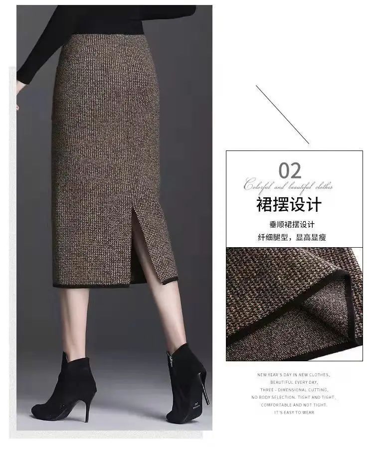 New Style Gold Mink Cashmere Elastic High Waist Office Lady Knee-length Skirts Solid Split Fork Hip Wrap Skirt High Elasticity