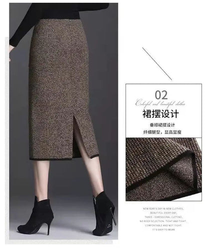 New Style Gold Mink Cashmere Elastic High Waist Office Lady Knee-length Skirts Solid Split Fork Hip Wrap Skirt High Elasticity