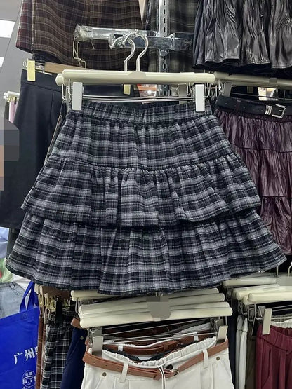 Japanese Y2k Cute Ruffled Plaid Skirt Punk Rock Subculture Cake Skirts Japanese Preppy Style Casual New 2025 Women Skirts