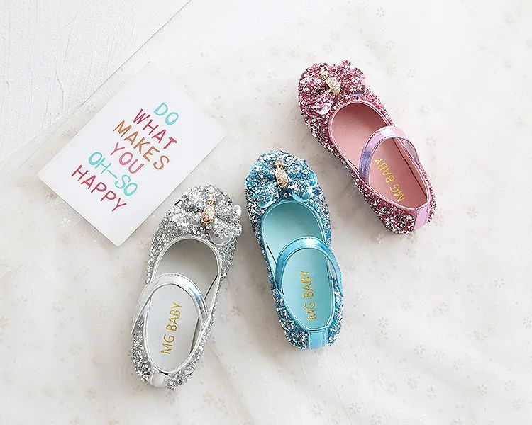 Fashion Girls Shoes Kids Flats Shoes Sequins Rhinestone Princess With Butterfly-Knot Flats Shoes For Students New Autumn 2022