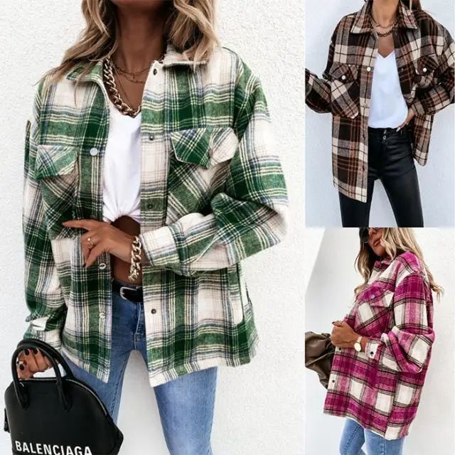 Warm Plaid Long Sleeve Shirt Jacket Autumn Winter Women's Polo Collar Patchwork Decorative Button Detailing Chinese Origin
