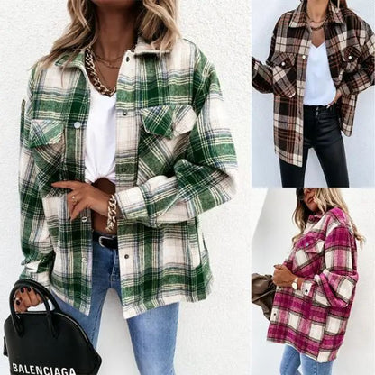 Warm Plaid Long Sleeve Shirt Jacket Autumn Winter Women's Polo Collar Patchwork Decorative Button Detailing Chinese Origin