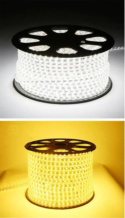 Fita de LED SMD5050 220V à Prova d'Água (1M/2M/5M/10M/20M) - Lâmpada de Corda Branco/Branco Quente/Vermelho/Verde/Azul com Plugue EU para Jardim