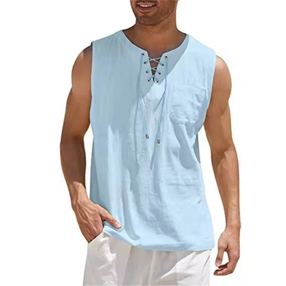 Cotton Linen Shirts Men's Casual Sleeveless Vest Lace Up Shirts Retro V Neck Tank Tops Loose Shirt Male Solid Color Clothes
