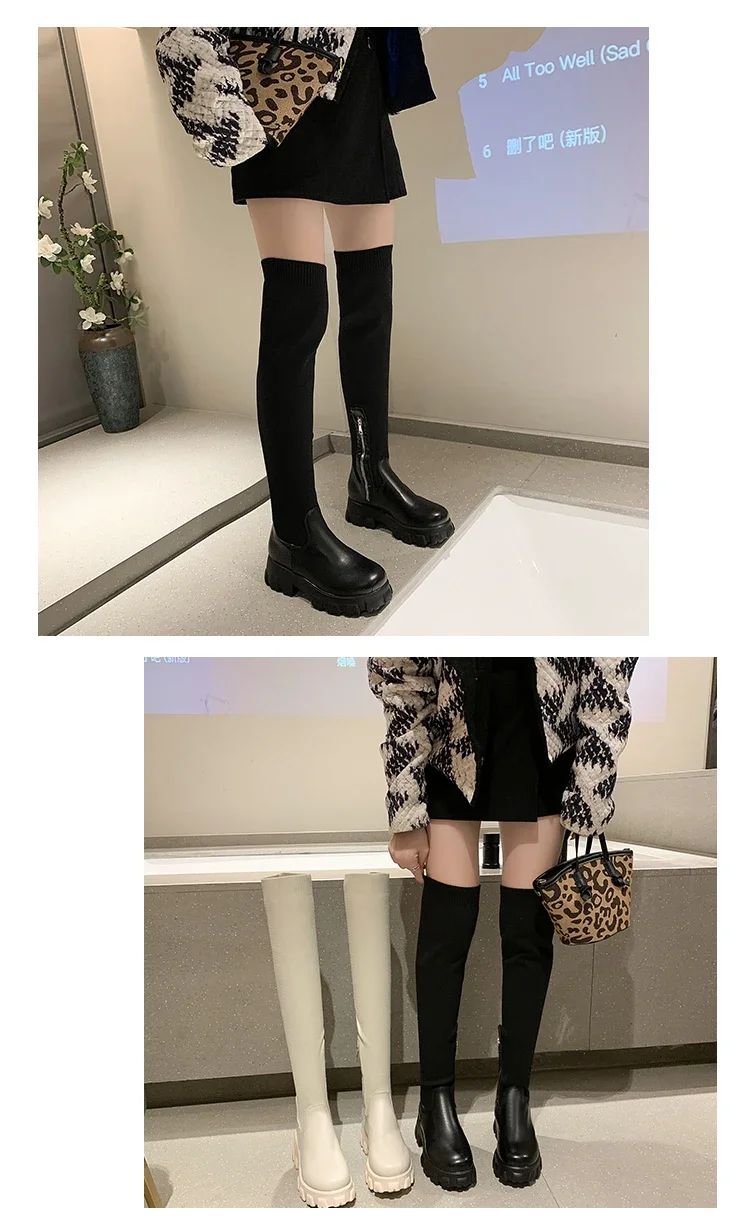Women's Solid Color Chunky Heel Boots, Stylish Side Zipper Over The Knee Boots, Fashion Platform Long Boots