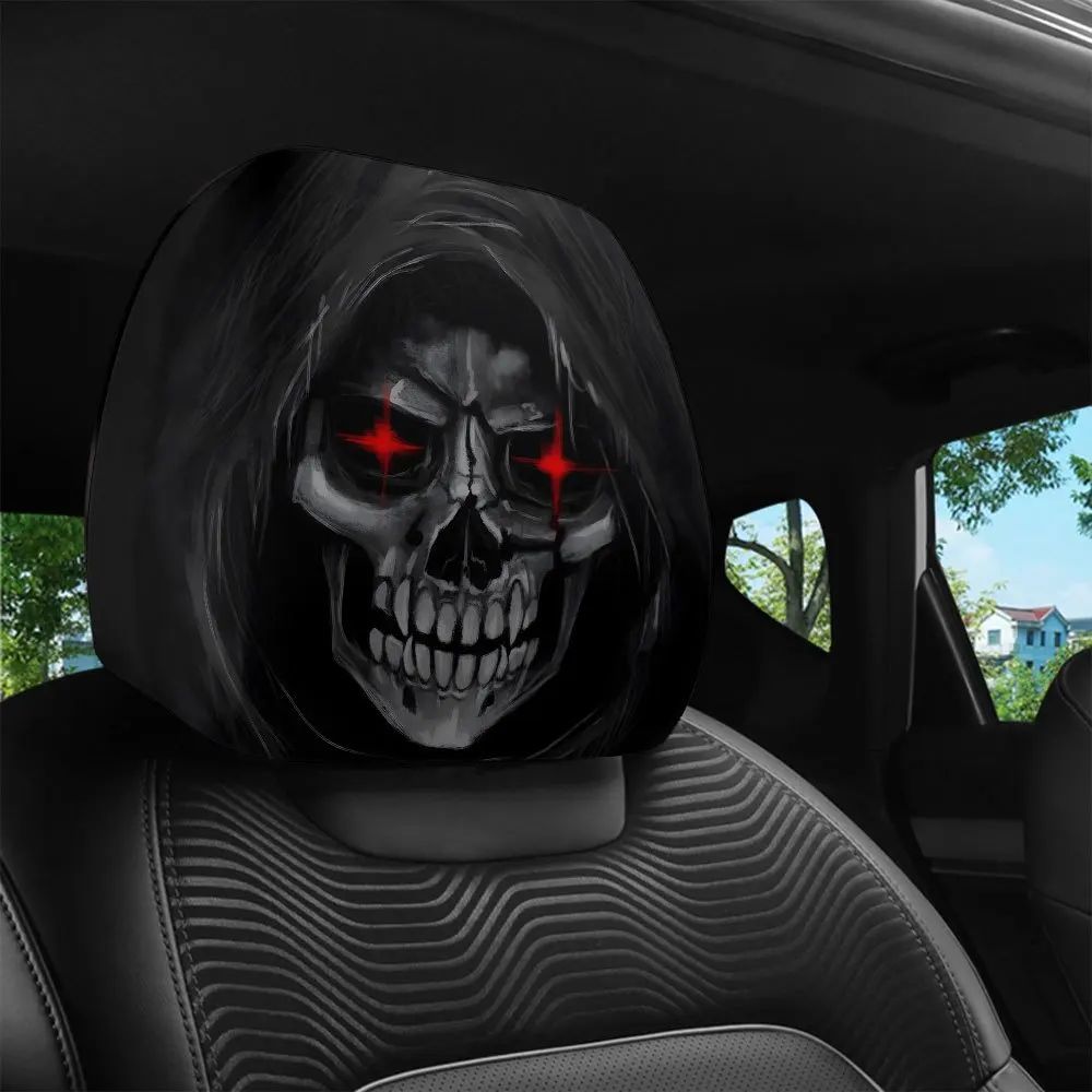 2Pcs Death Skull Flame Red Eye Print Car Headrest Cover Elastic Neck Support Auto Headrest Protector Easy Install Universal Car