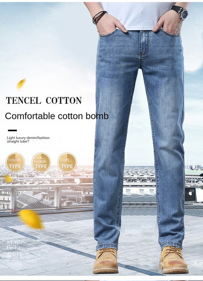 Calça Jeans Masculina Slim Fit 2024 de Material Fino ou Grosso Luxo Estilo Clássico Negócios Jeans Elástico Calças Masculinas Roupas