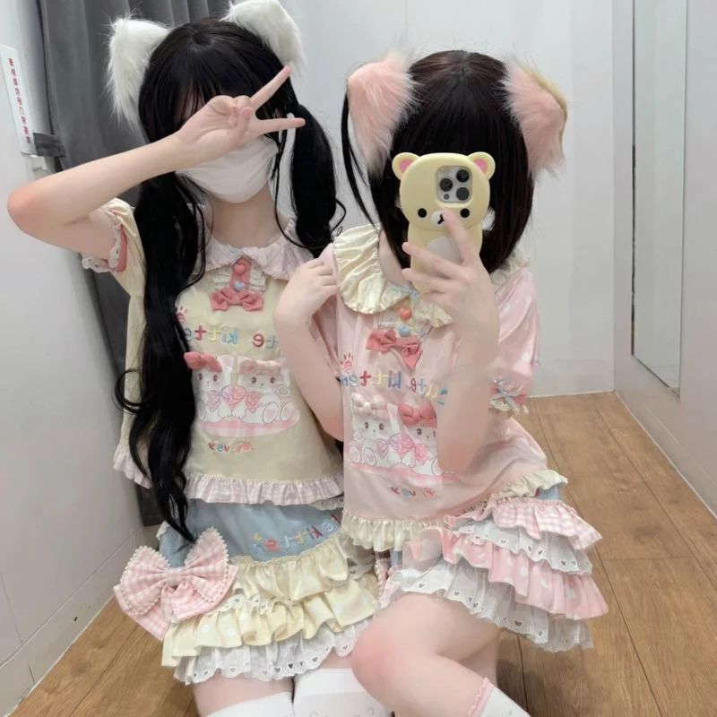 Lolita Print Tops Bow Cake Blouse Y2K JK Lolita Japan Kawaii Girl Cute Sweet Lace T-shirt A-line Spliced Cake Skirt New Chic