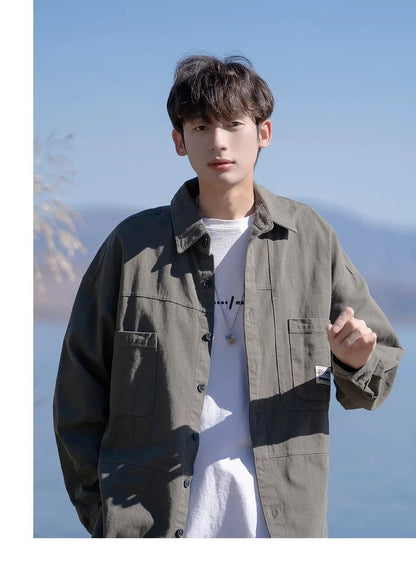 Japanese Series Men's Shirts Casual Vintage Cargo Jacket Top Spring Autumn Solid Blouses Single Breasted Male Clothes Streetwear