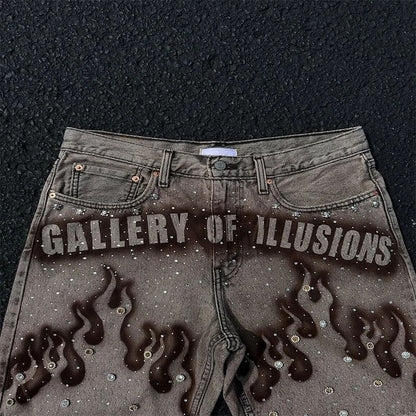 Goth Print Silk Jeans Men Shorts Street Harajuku Hiphop Vintage High Waited Denim Shorts of Men Clothing Casual Loose Pants Mens