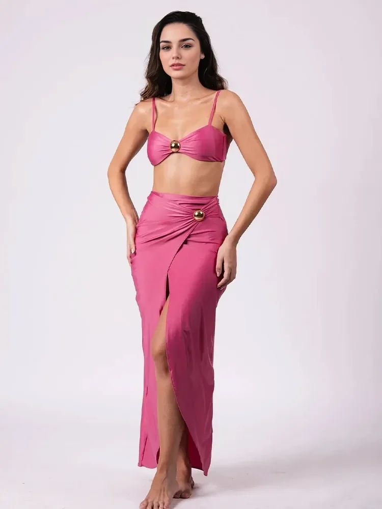 2025 Women 3 Piece Bikini Sets Spaghetti Strap Swimsuits Sexy High Split Beachwear Long Skirt Bathing Suit Vacation Wear K92