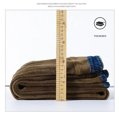 Winter Thickened Women's Mink Velvet Jeans Loose Straight Warm Soft Fleece Fashion Elastic High Waist Female Pants Black Blue