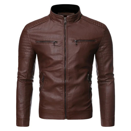 Men's Jacket Solid Colors Leather Jackets Male Stand Collar Motor Slim Multi Pockets Jackets Male Vintage Classic Leather Jacket