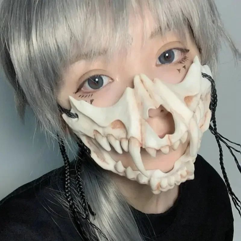 Party Skull Mask Long Teeth Demon Skeleton Half Face Mask Wolf Dragon Tiger Houjuu Nue Mask Cosplay Halloween Costume Props