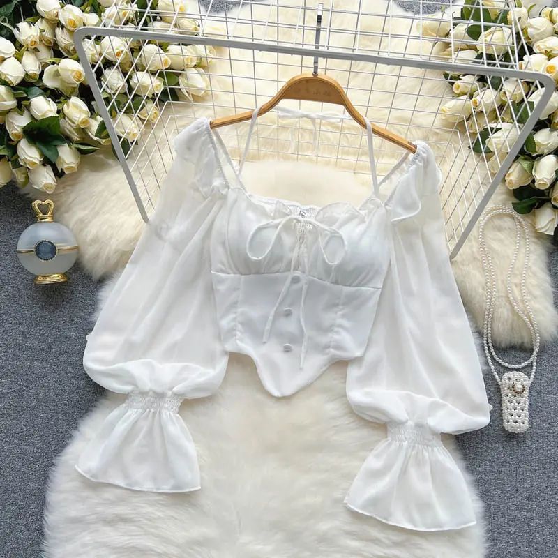 Pure Desire Aesthetic Women's Off-shoulder Top Slimming Cropped Blouse Halter Neck Flare Sleeveless Shirt Stylish Slimming