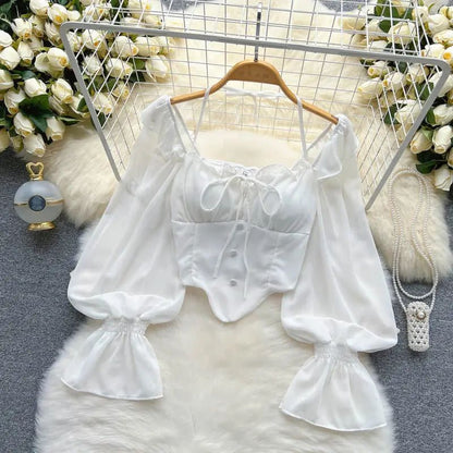 Pure Desire Aesthetic Women's Off-shoulder Top Slimming Cropped Blouse Halter Neck Flare Sleeveless Shirt Stylish Slimming