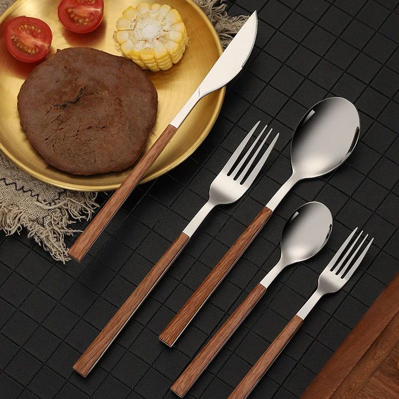 Conjunto de Talheres de Aço Inoxidável com Cabo de Madeira Falsa 16 Peças, Prendedor de Louça, Talheres Ocidentais, Faca Garfo Colher de Chá, Prateados