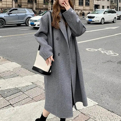Women Coat Double-Breasted Mid-length Outerwear Lapel Stylish Warm Mid-Length Double Pockets Winter Coat Lady Accessories