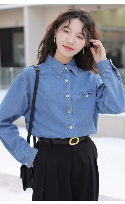 2024 New Vintage Loose-Fit Denim Shirt Women's Petite Top Commuter Jacket Fashionable Through-The-Year Style