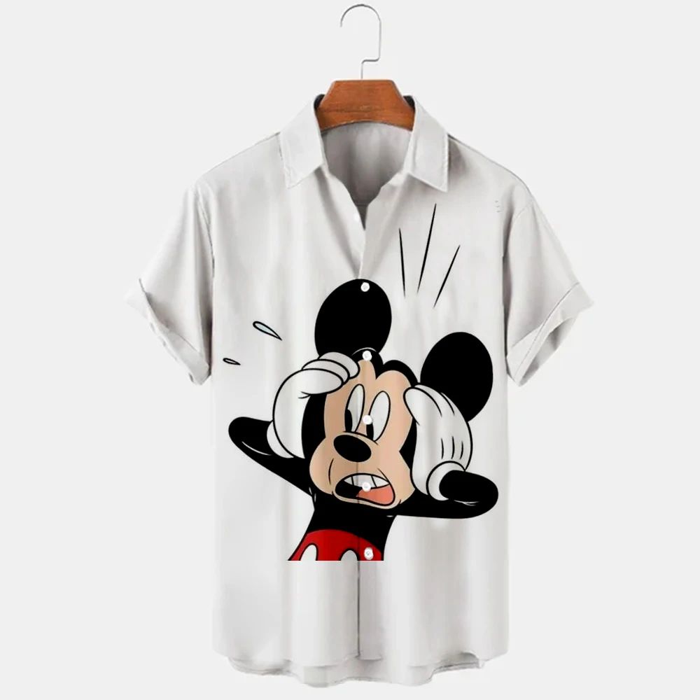 2023 Summer New Men's Casual Trend Fashion Cartoon Mickey Mouse Goofy Needle Harajuku Summer Top Men's Lapel Short Sleeve Shirt