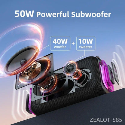 Caixa de som Bluetooth portátil 3D Zealot-S85 50W com diafragma duplo e alça à prova d'água IPX6 para ambientes externos