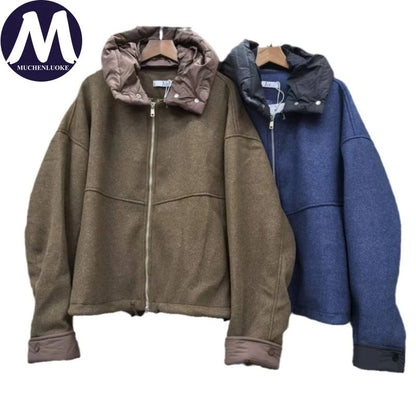 New Coats and Jackets Autumn Winter New Elegant Hooded Detachable Lace Up Short Woolen Coat Korean Fashion Casual Loose Jackets