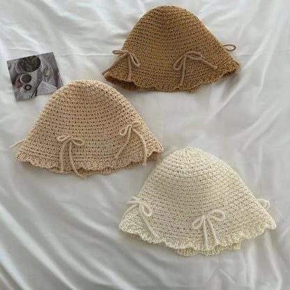 Chapéu de Sol Coreano com Laço de Primavera e Verão, Chapéu Bucket Doce da Moda, Chapéu de Sol Feminino de Palha de Cor Sólida de Malha Respirável para Exteriores