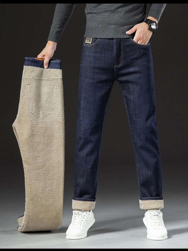 2025 New Classic  Men's Business Casual Velvet Jeans Winter Chinese Embroidery Straight Loose Warm Thick Pants