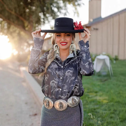 2025 New Women's Slim Fit Long Sleeve Shirt Western Cowboy Ethnic Streetwear Print Collared Denim Button up Fashionable Top