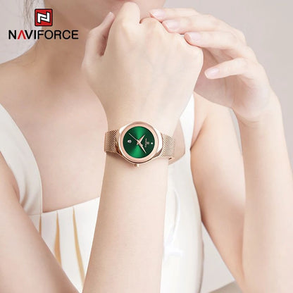 NAVIFORCE Luxury Green Analog Date Quartz Fashion Ladies Watches Mesh Steel Strap Waterproof Business Women Wristwatch Clocks