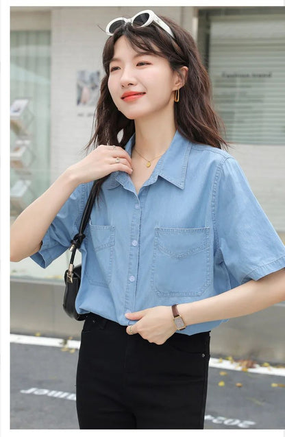 Vintageblueshort Sleeves Thin Denim Shirt 2024 Summer New Casual Loose-Fit Hong Kong Style Petite Top For Women
