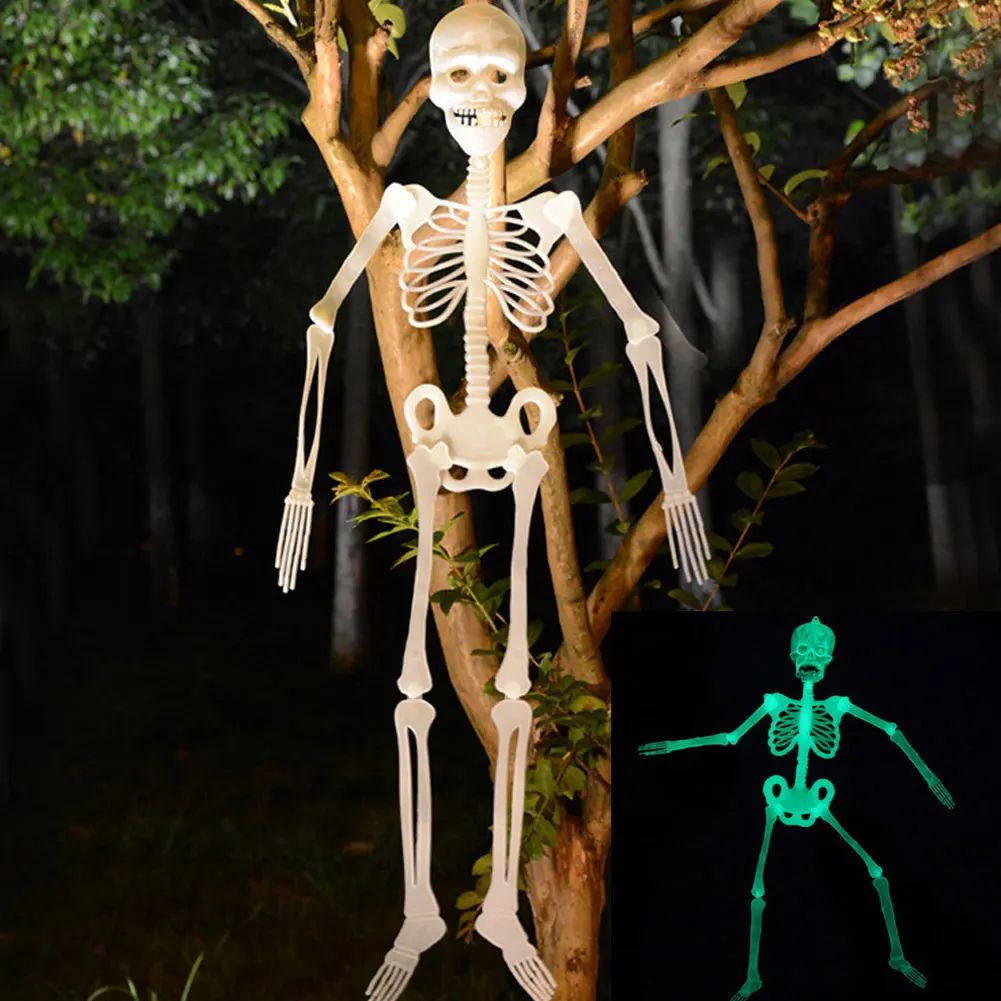 Luminous Hanging Skeleton Movable Glow Fake Skull Scary House Pendant Props Halloween Party Home Yard Outdoor Garden Decoration