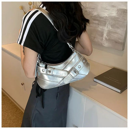 Red Vintage Shoulder Bag Y2K Belt Design PU Leather Underarm Bags for Women Trend Hot Cool Girl Crossbody Bag Punk Style Handbag