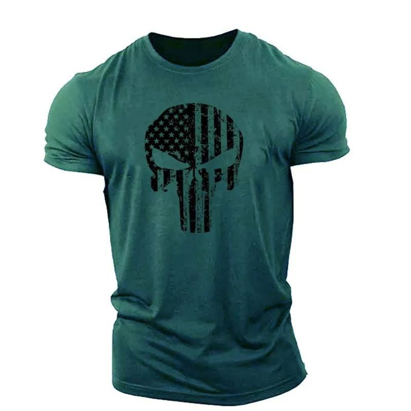 Men's 2022 Skull 3D Printing T-Shirt Men's Casual Sports T-Shirt Short Sleeve Summer New Quick Dry Tough Guy Army Green Top 6XL