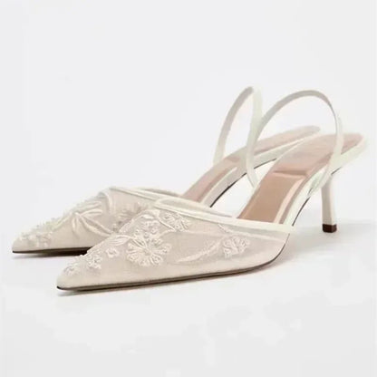 Elegant Mesh Embroidered Flowers Designer Heeled Sandals Women 2025 Summer Sexy Slingback Pointed Toe Thin High Heels Dress Shoe