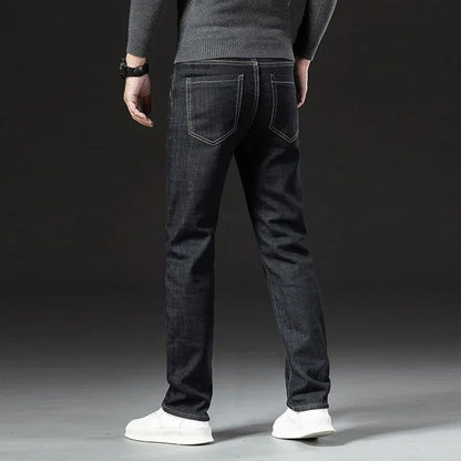 Calça Jeans Masculina de Inverno Forrada com Lã Grossa Calça Jeans Masculina de Cintura Solta Reta Slim Fit Calça Social Casual Confortável